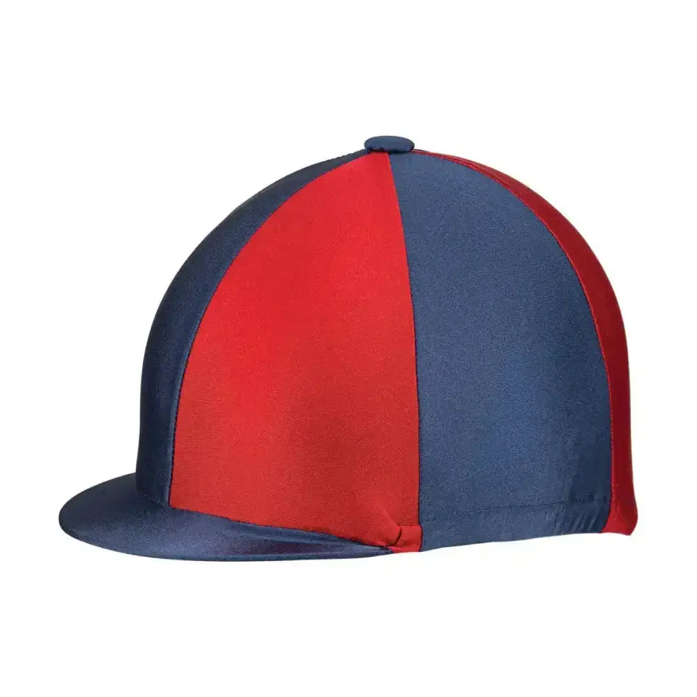 Red and navy blue striped equestrian two tone lycra silks helmet cover for a fashionable lycra hat look