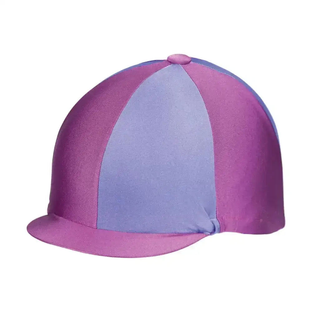 A vibrant purple and lavender striped equestrian two tone lycra silks helmet cover with a smooth satin finish
