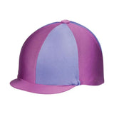 A vibrant purple and lavender striped equestrian two tone lycra silks helmet cover with a smooth satin finish