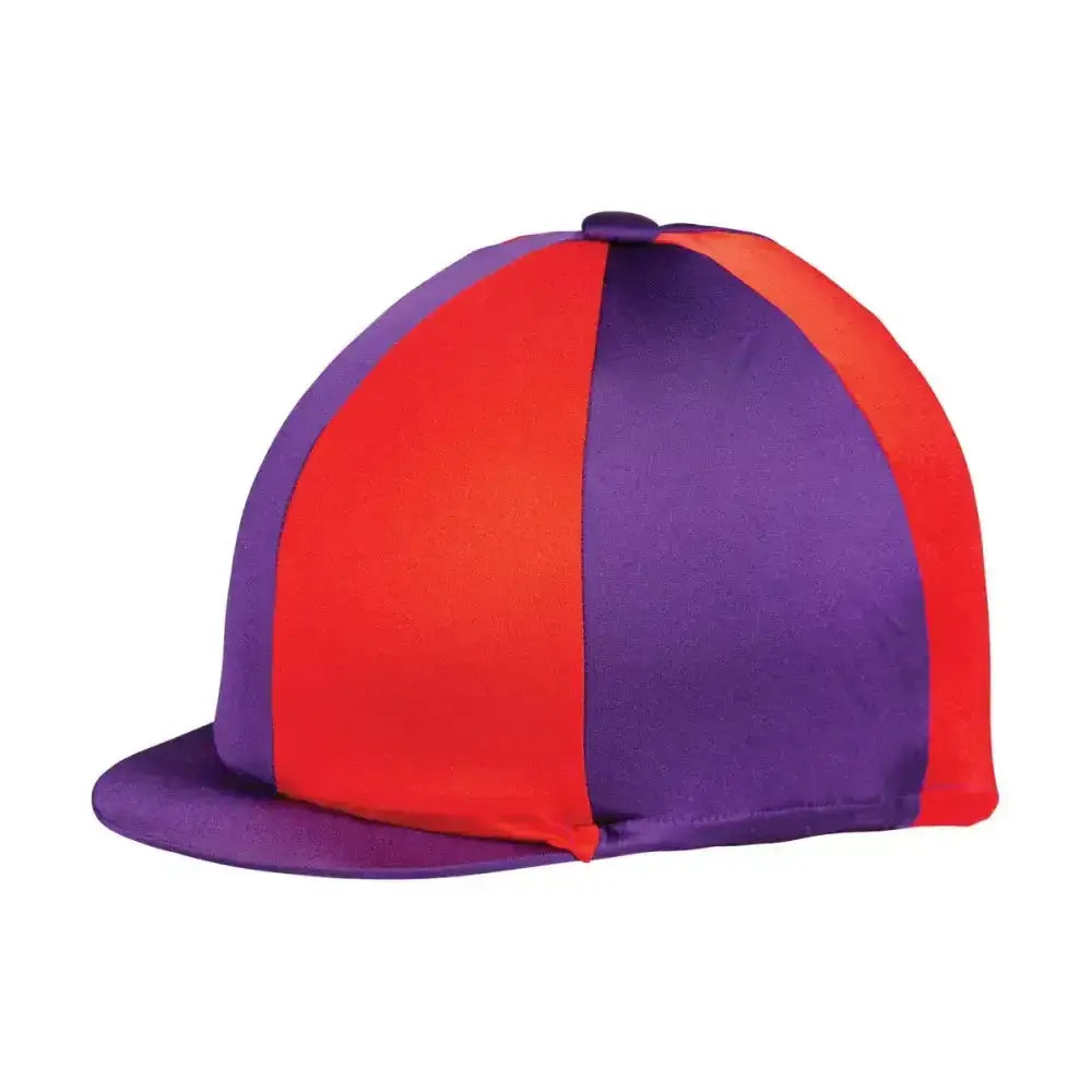 A vibrant red and purple striped equestrian two tone lycra silks horse hood with a smooth satin finish