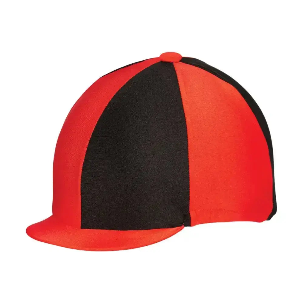 Red and black striped equestrian two tone lycra silks horse riding cap with flat brim, a fashionable lycra hat