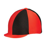 Red and black striped equestrian two tone lycra silks horse riding cap with flat brim, a fashionable lycra hat