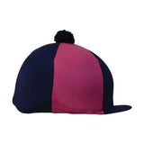 Navy and pink striped equestrian two tone lycra silks cap with a fantastic black pom pom bobble on top