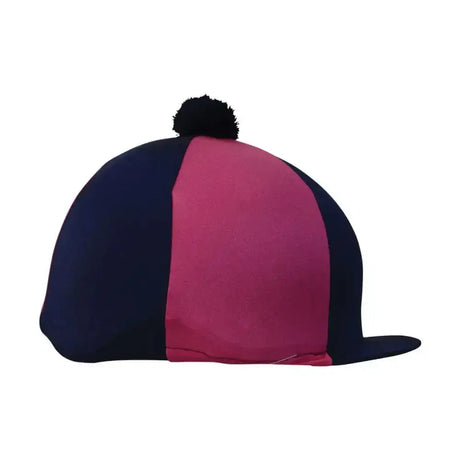 Navy and pink striped equestrian two tone lycra silks cap with a fantastic black pom pom bobble on top