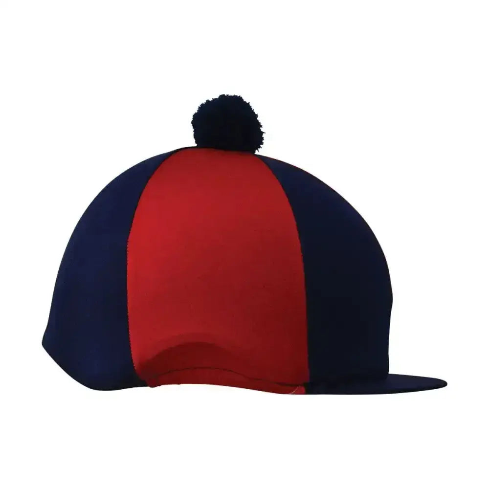 A navy blue and red striped equestrian two tone lycra silks cap with a black fantastic bobble hat on top