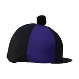 A black and purple equestrian two tone lycra silks helmet cover with a fantastic bobble pom-pom on top