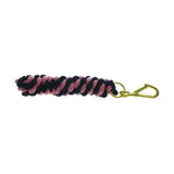 A braided pink and black equestrian two tone twisted lead rope keychain with a gold-tone carabiner clip
