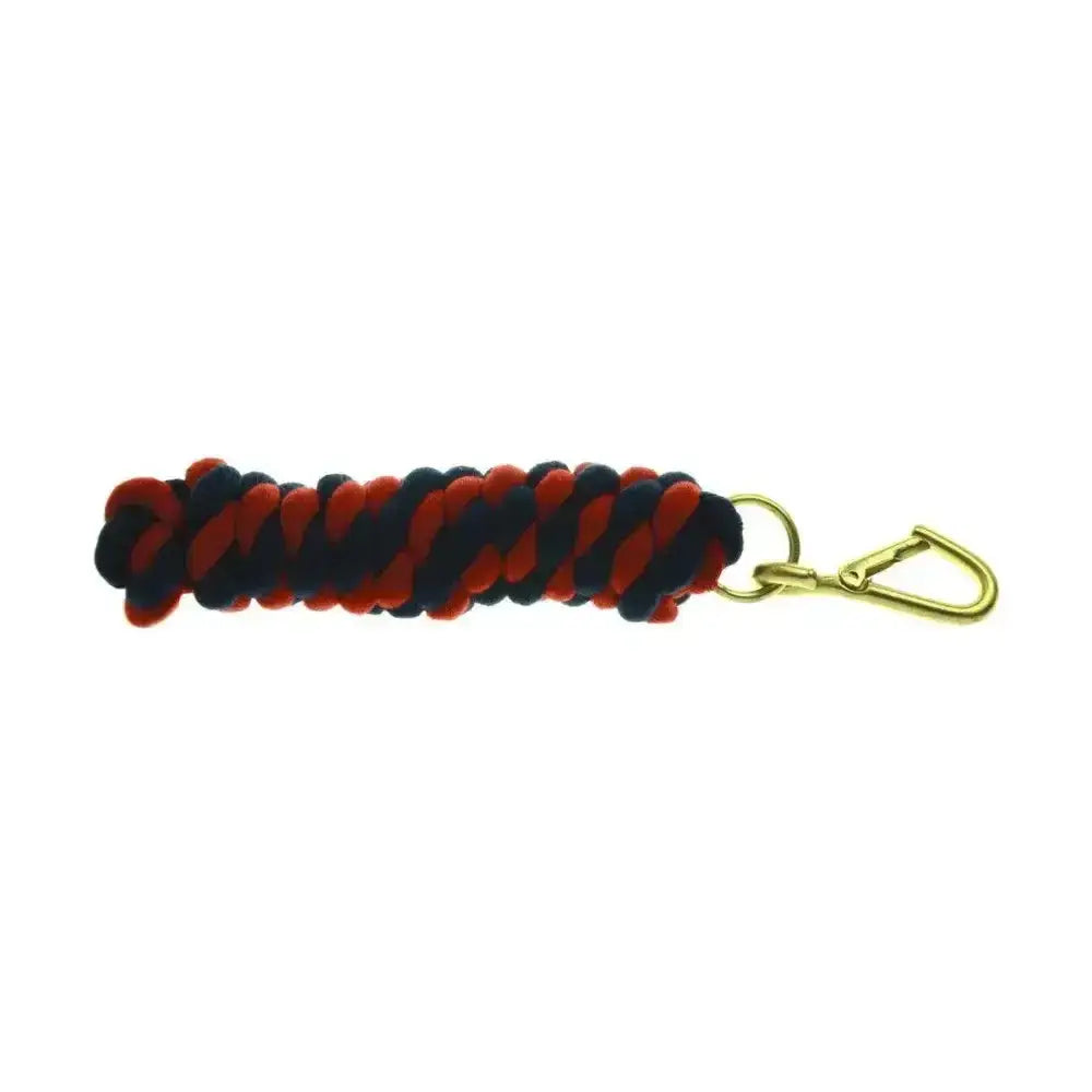 Red and black braided equestrian two tone twisted lead rope with gold-toned carabiner clip from Hy Equestrian