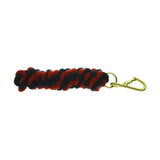 Red and black braided equestrian two tone twisted lead rope with gold-toned carabiner clip from Hy Equestrian