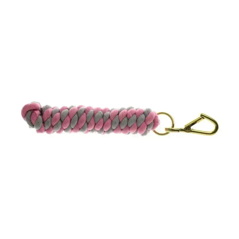 Pink and gray braided equestrian two tone twisted lead rope with gold-tone carabiner clip keychain