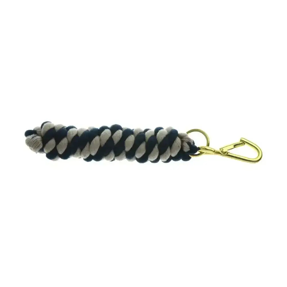 Black and white braided two tone twisted lead rope keychain with gold tone carabiner clip for equestrian use