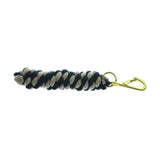 Black and white braided two tone twisted lead rope keychain with gold tone carabiner clip for equestrian use