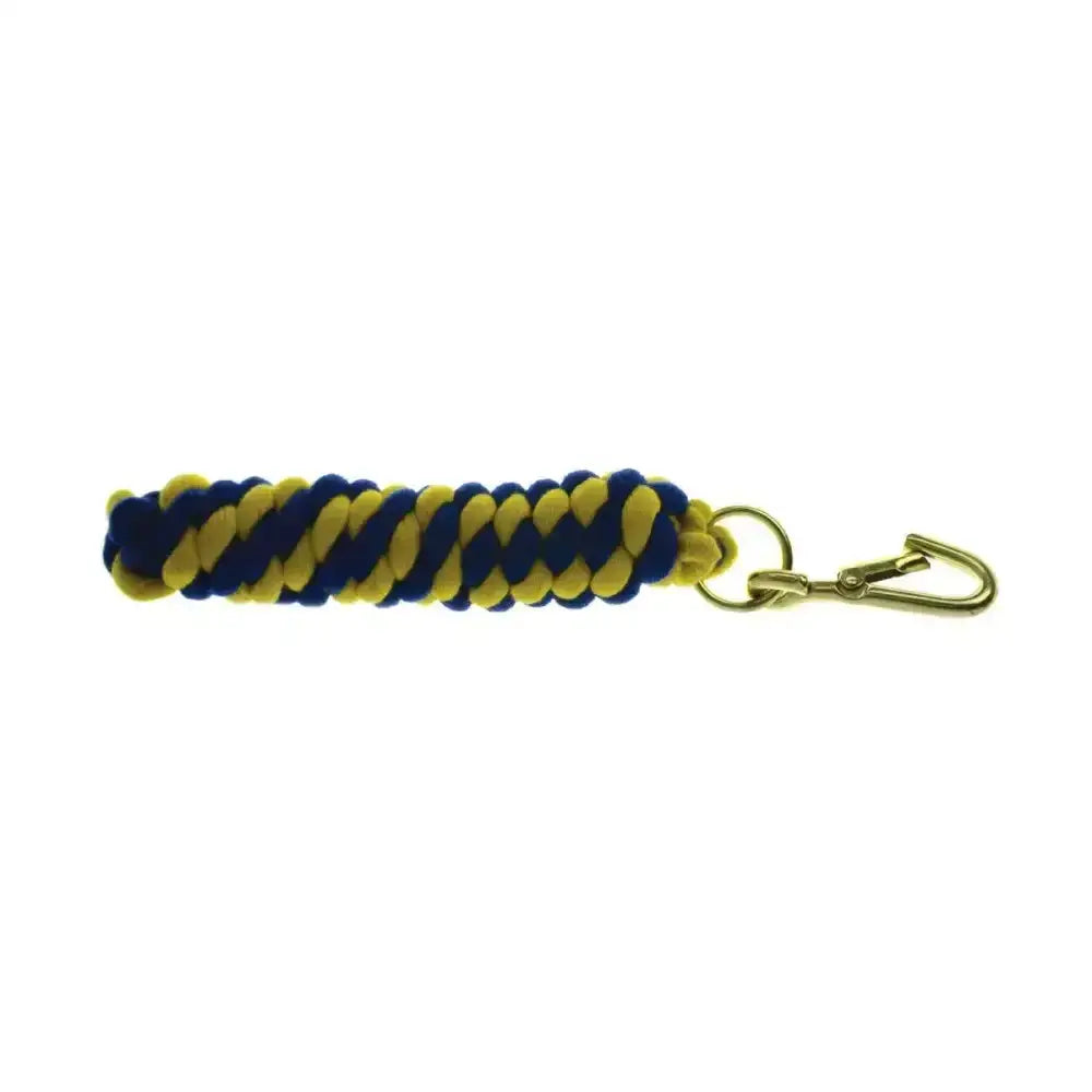 A braided blue and yellow two tone twisted lead rope keychain with a gold toned metal clip for equestrian use