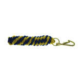 A braided blue and yellow two tone twisted lead rope keychain with a gold toned metal clip for equestrian use
