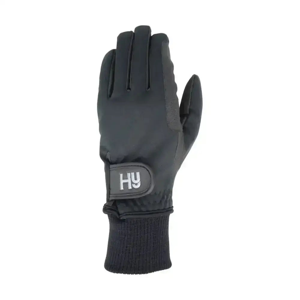 Black helly hansen equestrian ultra warm softshell gloves with textured palm, reinforced fingers, and elasticated long cuff