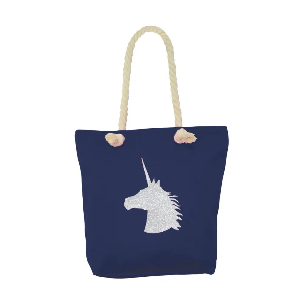 Navy blue canvas unicorn glitter tote bag with chunky cream rope handles and silver glitter equestrian unicorn design