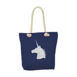 Navy blue canvas unicorn glitter tote bag with chunky cream rope handles and silver glitter equestrian unicorn design