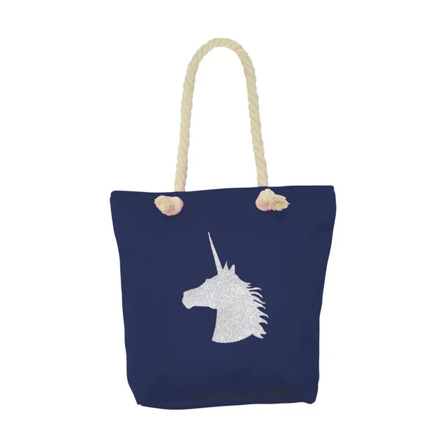 Navy blue canvas unicorn glitter tote bag with chunky cream rope handles and silver glitter equestrian unicorn design