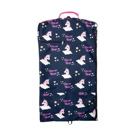 Navy blue limited edition unicorn magic garment bag with pink handle and white cloud motifs by hy equestrian