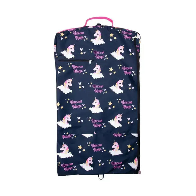 Navy blue limited edition unicorn magic garment bag with pink handle and white cloud motifs by hy equestrian