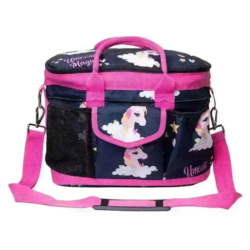 Pink and navy blue insulated cooler grooming bag featuring unicorn magic with mesh side pockets for equestrian use