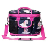 Pink and navy blue insulated cooler grooming bag featuring unicorn magic with mesh side pockets for equestrian use
