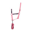 Pink horse halter with black star pattern and matching braided lead rope in equestrian unicorn magic head collar set