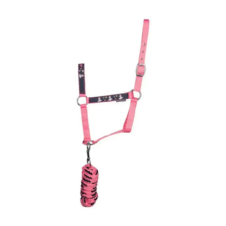 Pink horse halter with black star pattern and matching braided lead rope in equestrian unicorn magic head collar set