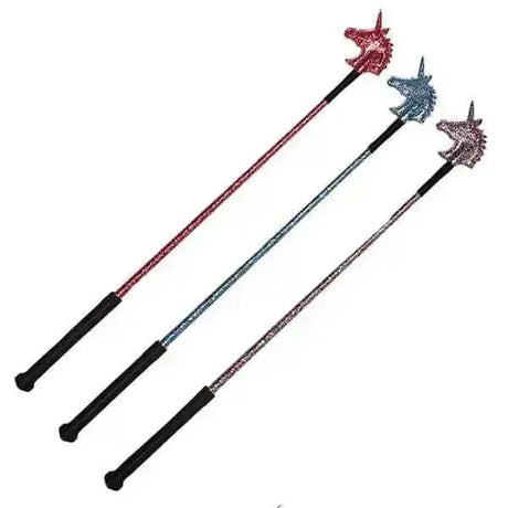 Three glittery equestrian unicorn riding whips with pink blue and purple sparkling heads and black handles
