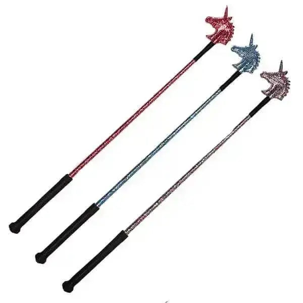 Three glittery equestrian unicorn riding whips with pink blue and purple sparkling heads and black handles