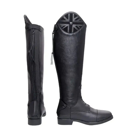 Black leather hy equestrian union jack riding boots showing patriotic union jack emblem on back of upper