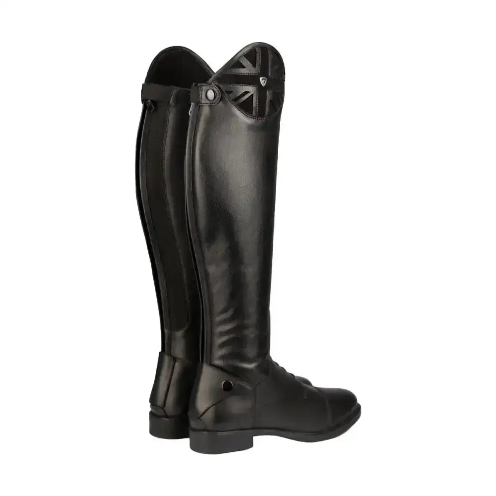 Black leather equestrian union jack riding boots with glossy finish and subtle geometric detailing on upper shaft