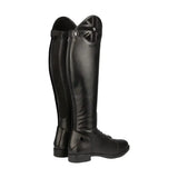 Black leather equestrian union jack riding boots with glossy finish and subtle geometric detailing on upper shaft