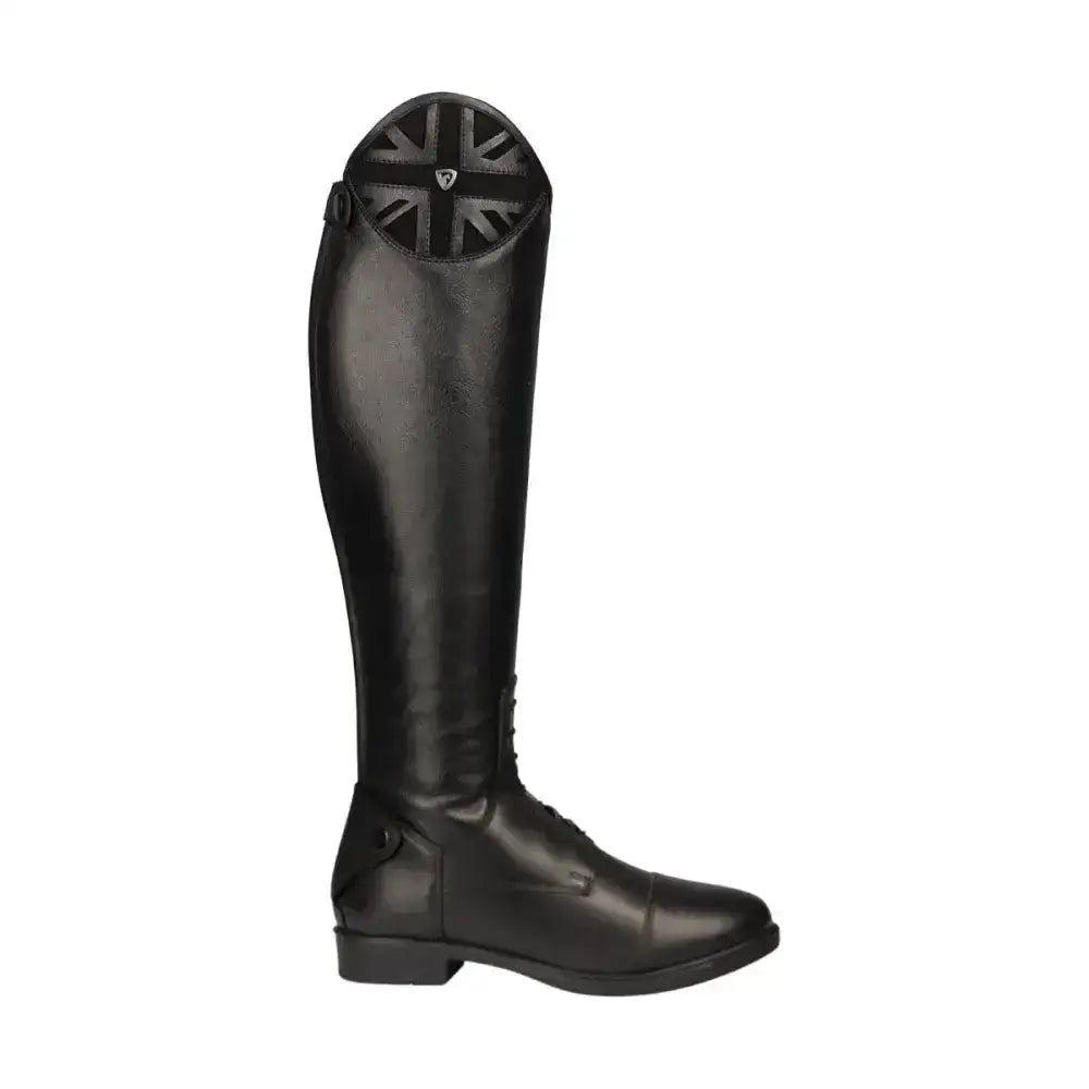 Black leather hy equestrian union jack riding boots with patriotic union jack emblem on top