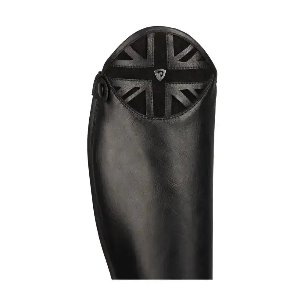 Black leather hy equestrian union jack riding boots with patriotic union jack panel at the top for riding use
