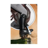 Black leather equestrian union jack riding boot showing back with silver metal stirrup bar on the heel