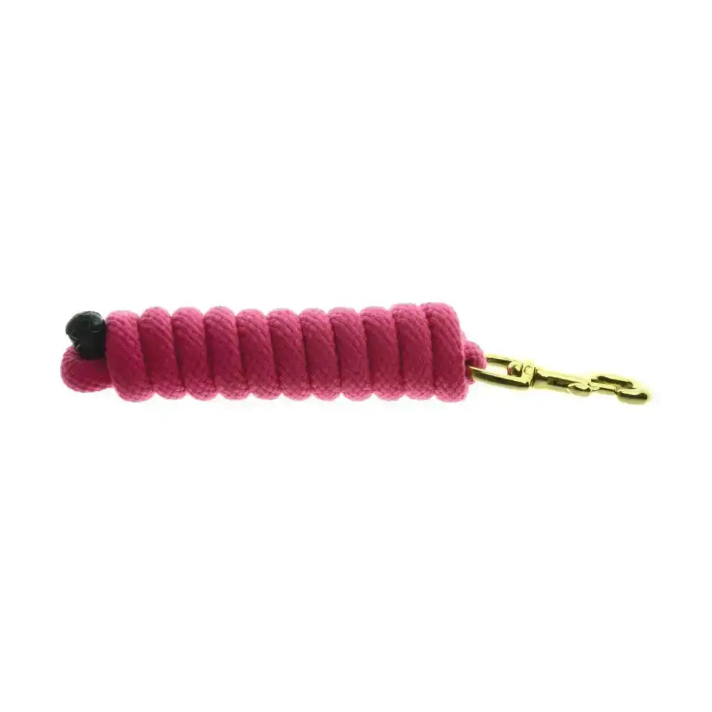 A vibrant pink hy equestrian universal lead rope with a black plastic end cap and gold metal clip for easy use