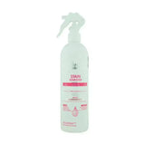 A translucent white spray bottle with a pink label hy equestrian vanish stain remover to lift stains effortlessly