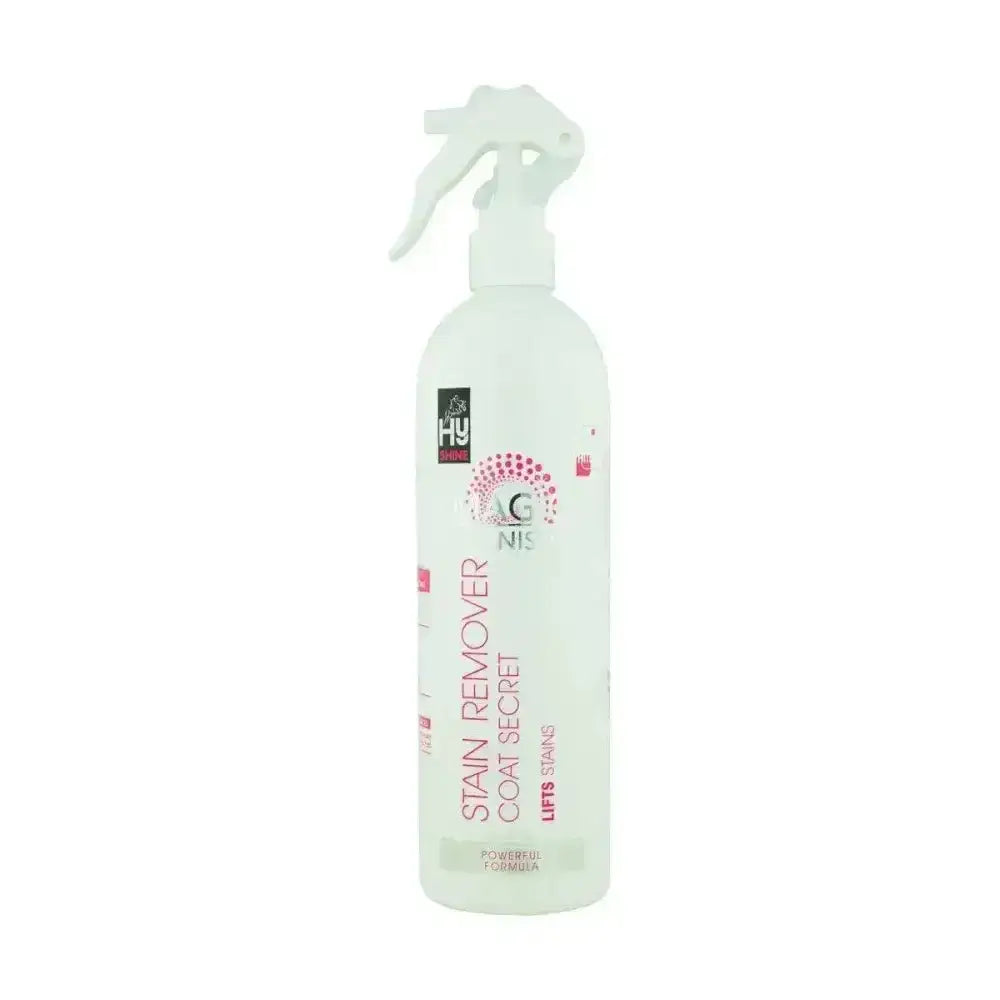 White spray bottle with hy equestrian vanish stain remover to lift stains effortlessly on fabric and gear