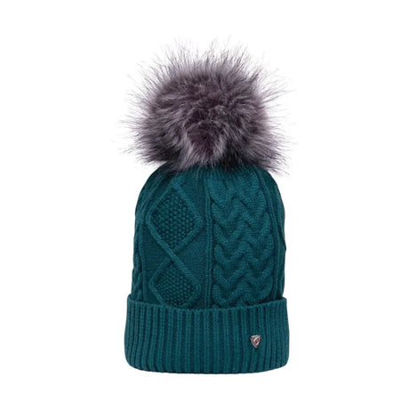 Teal hy equestrian vanoise knitted bobble hat with gorgeous cable knit and fluffy gray fur pom pom
