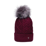 Maroon equestrian vanoise knitted bobble hat with a gorgeous cable knit and gray faux fur pom pom