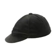 Black velvet jockey cap with rounded crown and short brim for a traditional equestrian velvet hat cover