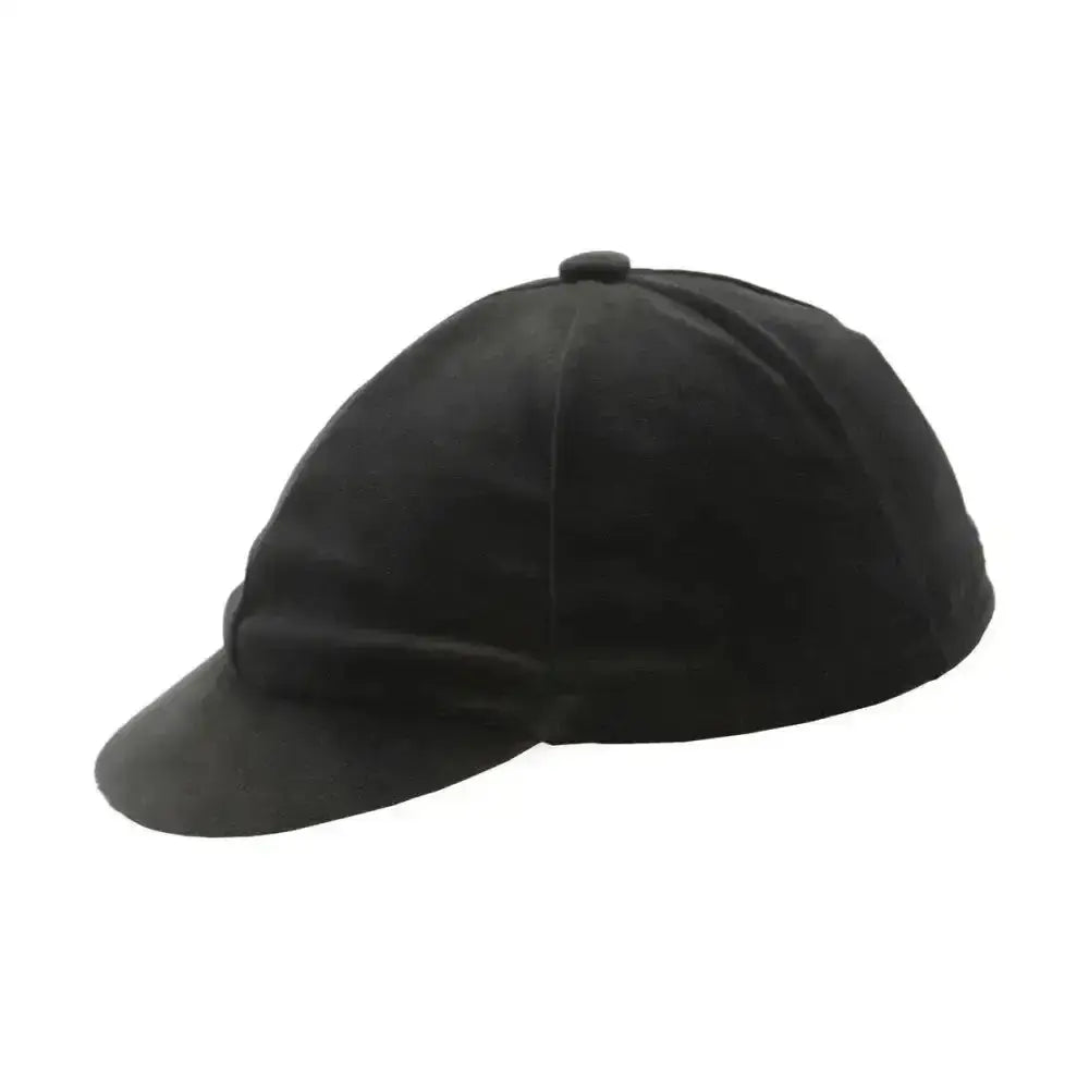 Black velvet jockey cap with rounded crown and short brim equestrian velvet hat cover by hy equestrian