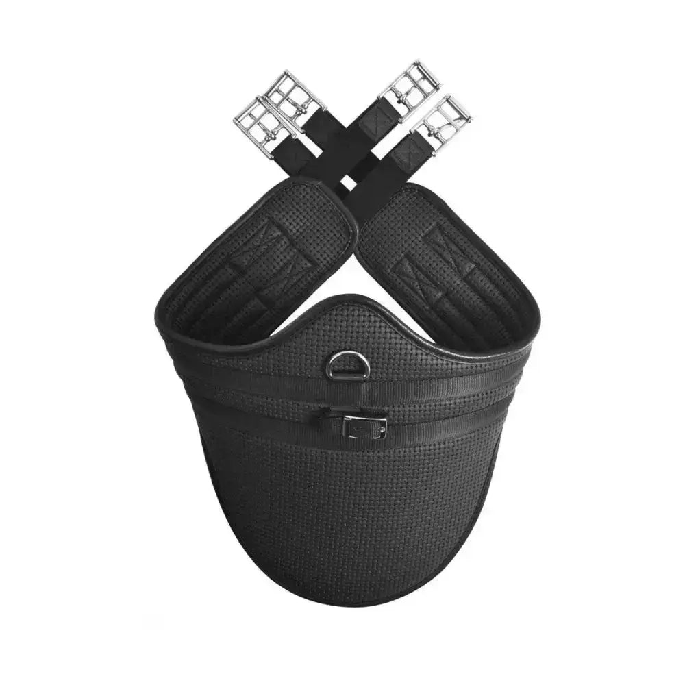 Black mesh equestrian waffle stud girth pad with silver buckles and central d-ring for comfortable fit