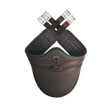Brown mesh equestrian waffle stud girth with padded contoured sections and silver metal buckles by hy equestrian