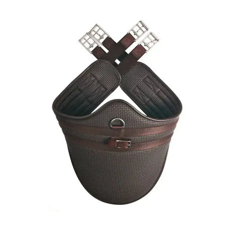 Brown mesh equestrian waffle stud girth with padded contoured sections and silver metal buckles by hy equestrian