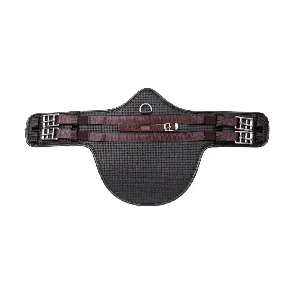 Black and brown hy equestrian waffle stud girth short with textured surface silver buckles and central d-ring for monoflap saddles
