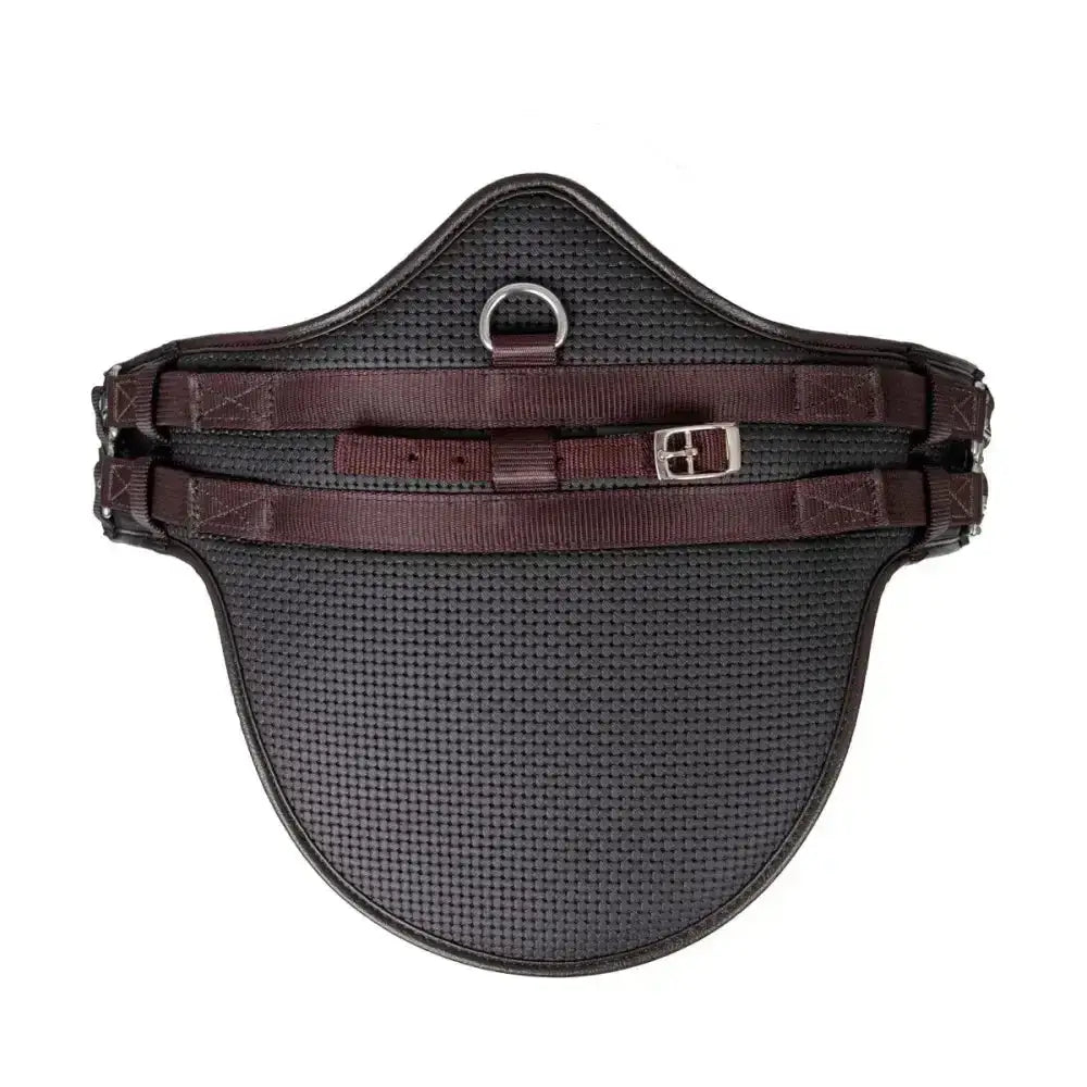 Black mesh horse saddle pad with brown straps and silver buckle designed for hycomfort waffle stud monoflap saddles