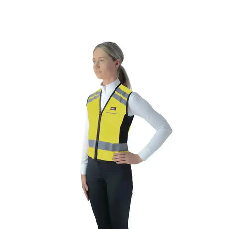 Bright yellow hy equestrian waistcoat with reflective stripes and black panels designed for pass wide and slow safety