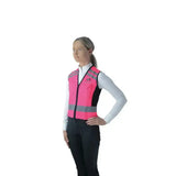 A bright pink and black hyviz equestrian waistcoat with gray reflective stripes for pass wide and slow safety
